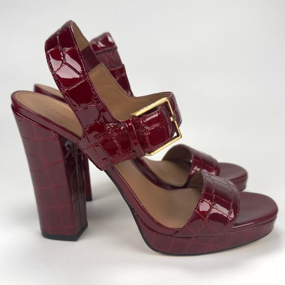 Calvin Klein Red Croc Leather Block Platform Heels Gold Buckle Size 8.5 - Picture 3 of 10